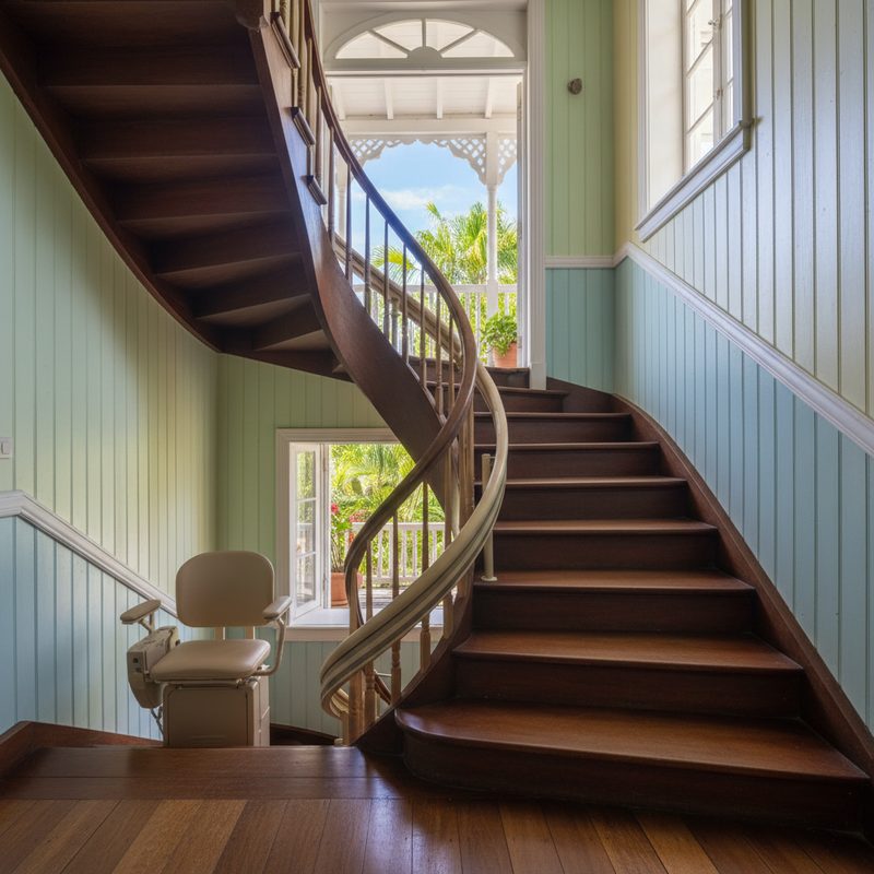 Monte-escalier tournant installé par A2L Seniors en La Réunion