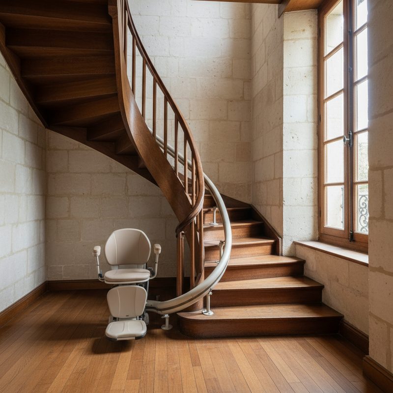 Monte-escalier tournant installé par A2L Seniors en Nouvelle-Aquitaine