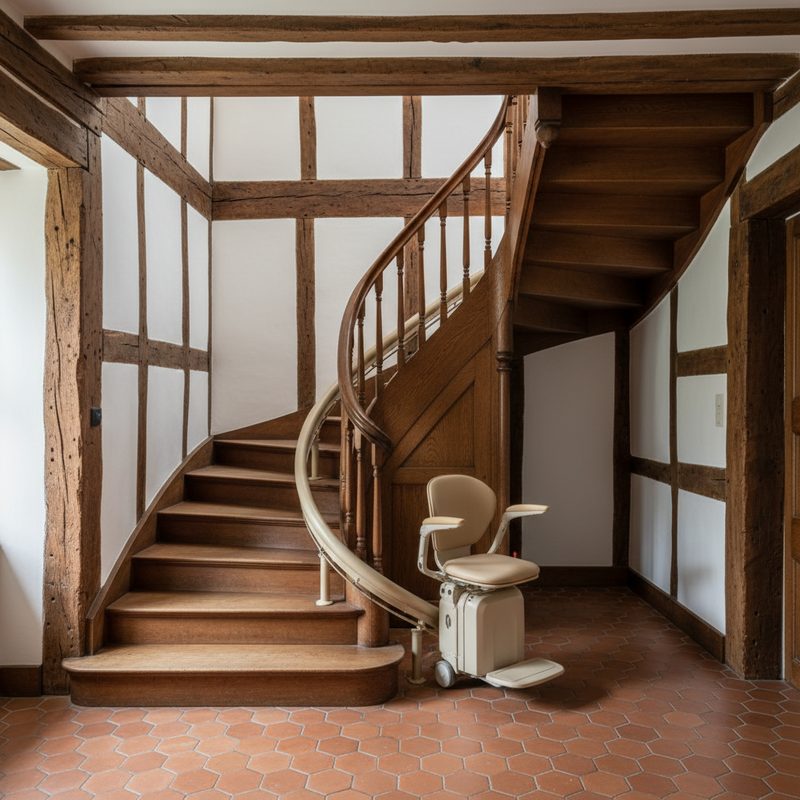 Monte-escalier tournant installé par A2L Seniors en Normandie