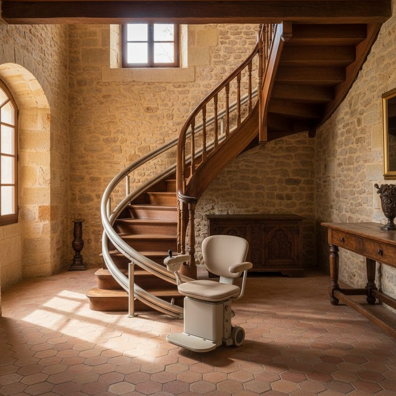 Monte-escalier tournant installé par A2L Seniors en Occitanie