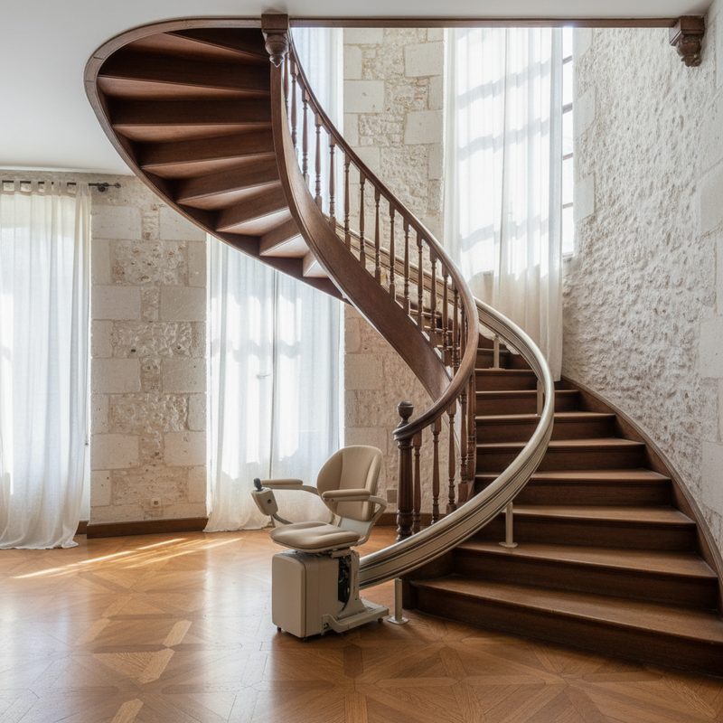Monte-escalier tournant installé par A2L Seniors en Pays de la Loire