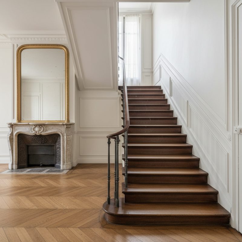 Escalier droit étroit avant aménagement en Île-de-France