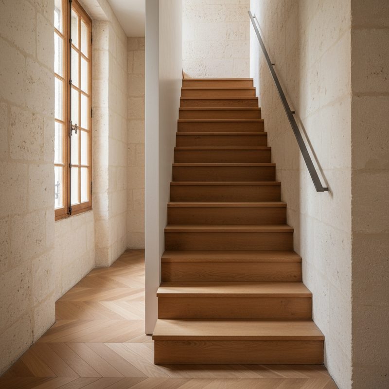 Escalier droit étroit avant aménagement en Nouvelle-Aquitaine