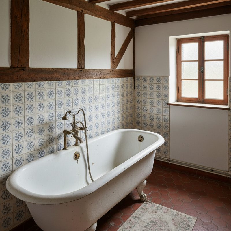 Salle de bain ancienne avec baignoire vétuste en Normandie