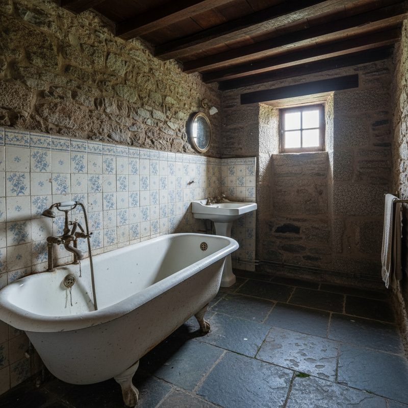 Salle de bain ancienne avec baignoire vétuste en Bretagne