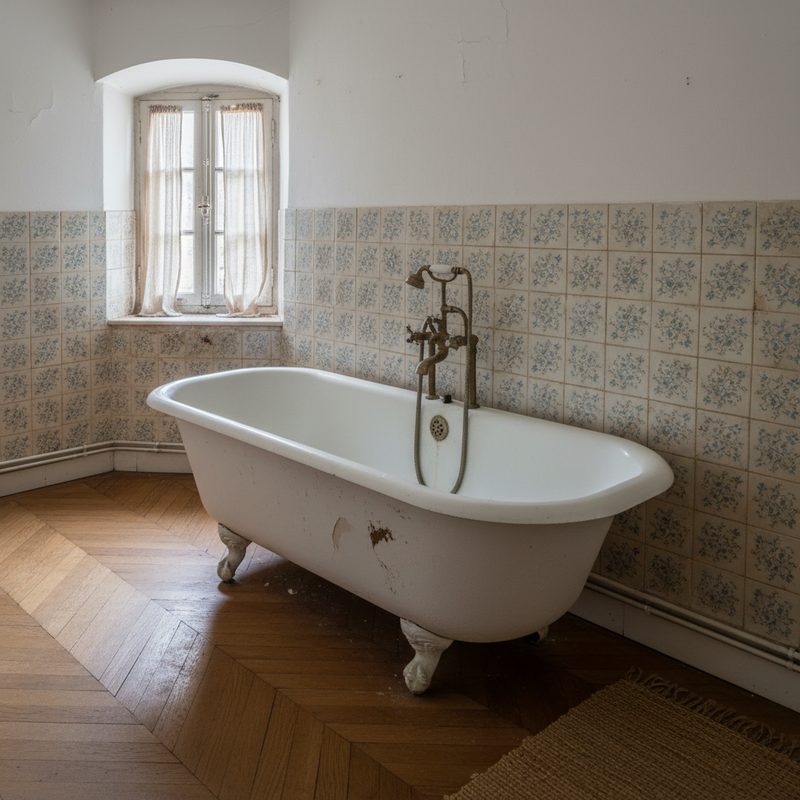 Salle de bain ancienne avec baignoire vétuste en Pays de la Loire