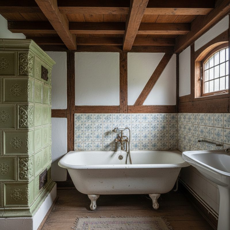 Salle de bain ancienne avec baignoire vétuste en Grand Est