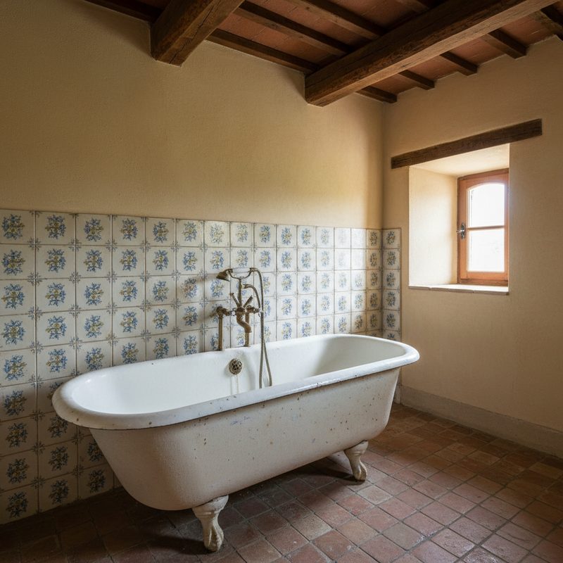 Salle de bain ancienne avec baignoire vétuste en Provence-Alpes-Côte d'Azur