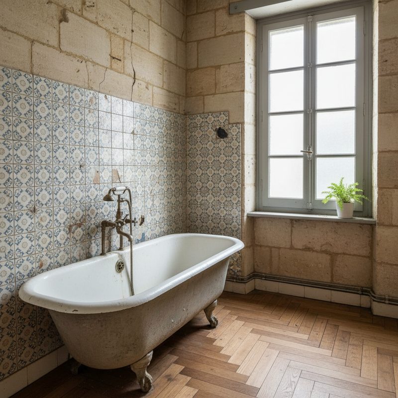 Salle de bain ancienne avec baignoire vétuste en Nouvelle-Aquitaine