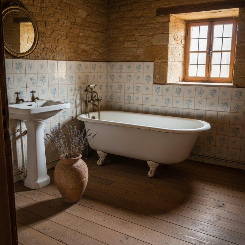 Salle de bain ancienne avec baignoire vétuste en Bourgogne-Franche-Comté