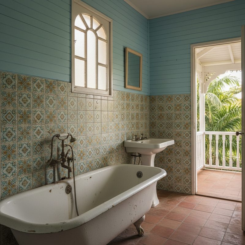 Salle de bain ancienne avec baignoire vétuste en La Réunion
