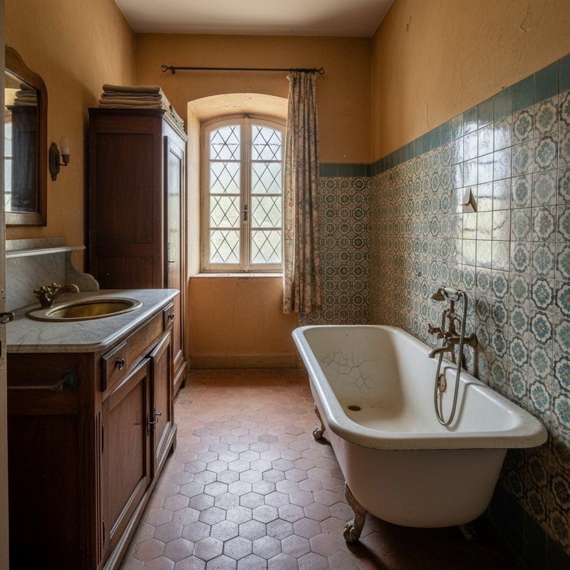 Salle de bain ancienne avec baignoire vétuste en Occitanie