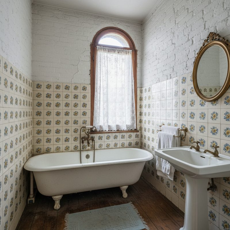 Salle de bain ancienne avec baignoire vétuste en Hauts-de-France