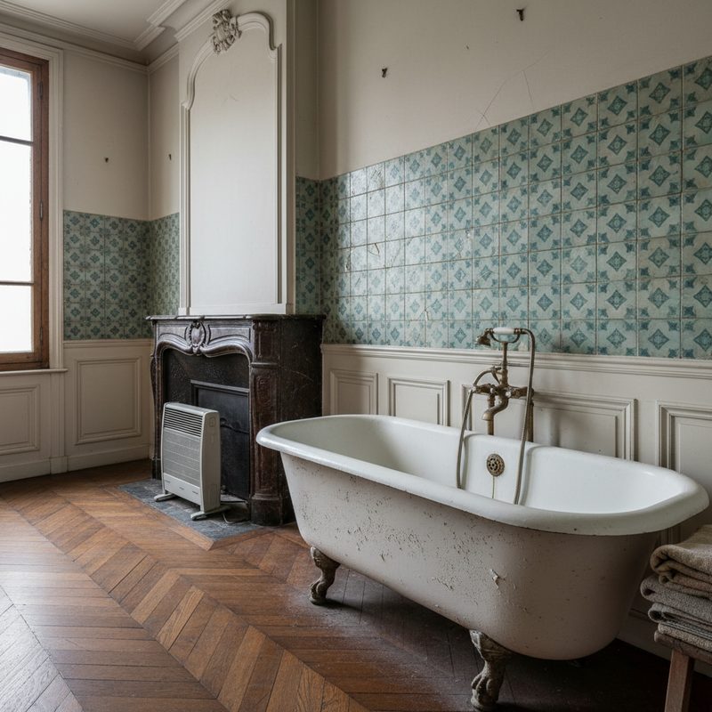 Salle de bain ancienne avec baignoire vétuste en Île-de-France