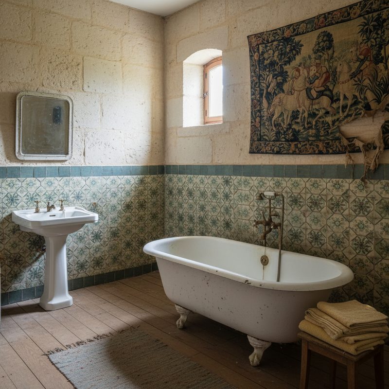 Salle de bain ancienne avec baignoire vétuste en Centre-Val de Loire