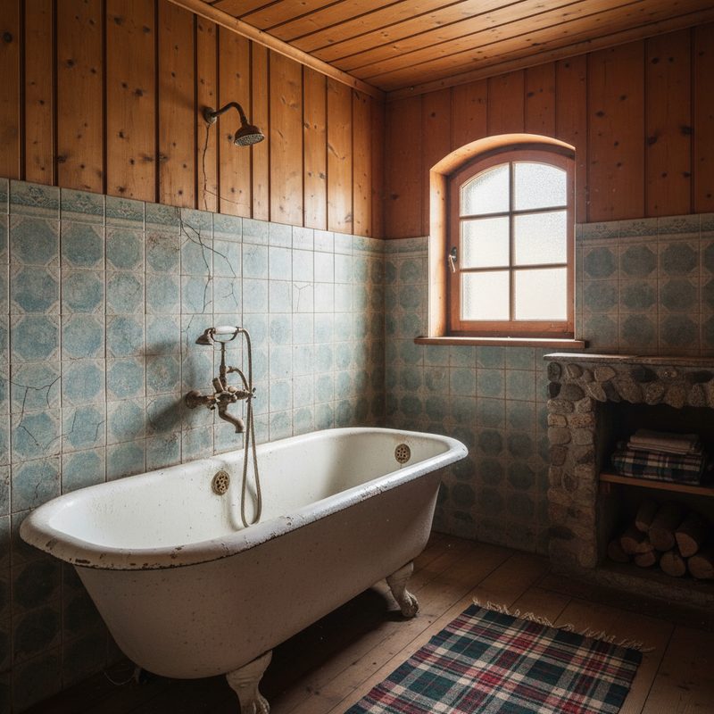 Salle de bain ancienne avec baignoire vétuste en Auvergne-Rhône-Alpes