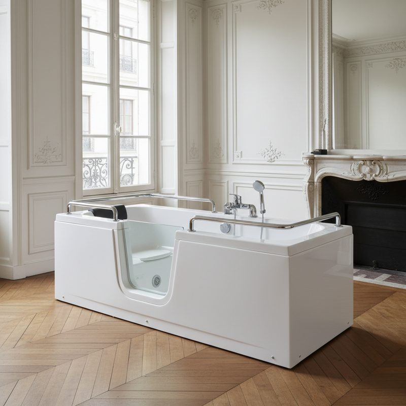 Baignoire à porte sécurisée avec siège intégré en Île-de-France