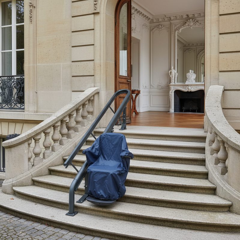 Monte-escalier extérieur installé sur escalier en pierre en Île-de-France
