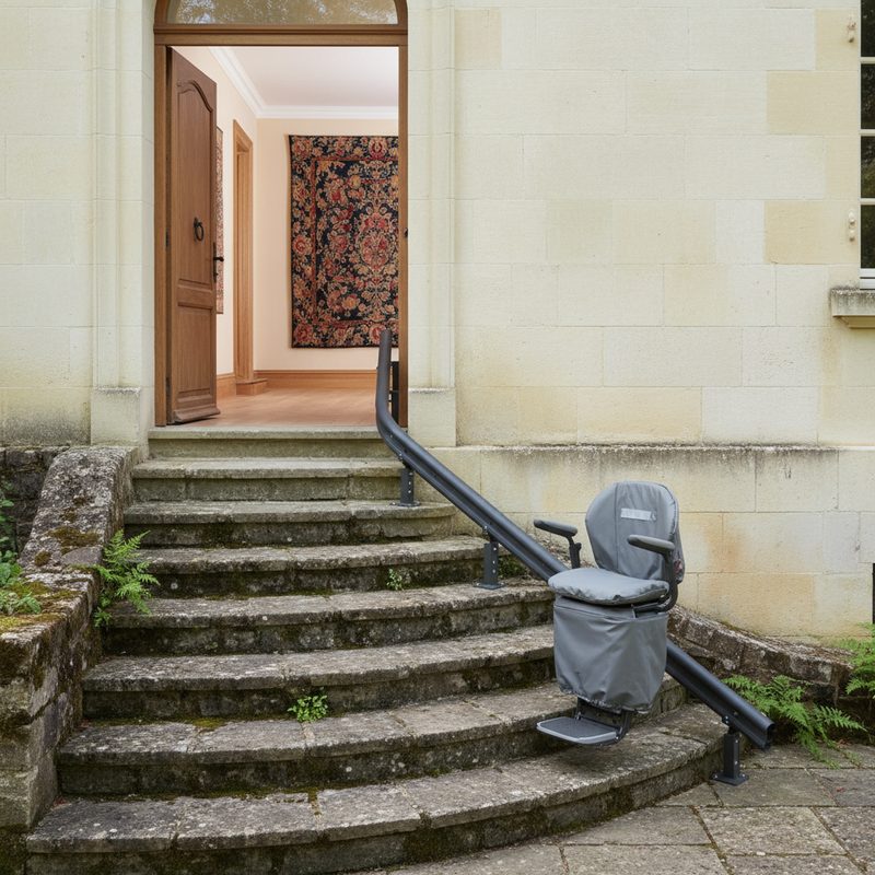 Monte-escalier extérieur installé sur escalier en pierre en Centre-Val de Loire