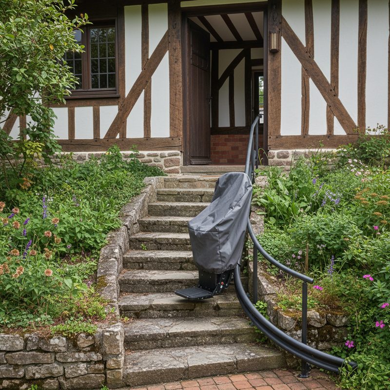 Monte-escalier extérieur installé sur escalier en pierre en Normandie