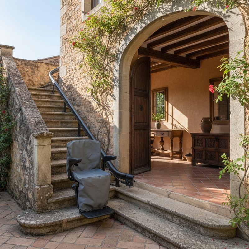 Monte-escalier extérieur installé sur escalier en pierre en Occitanie