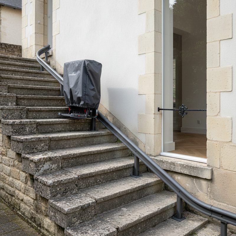 Monte-escalier extérieur installé sur escalier en pierre en Nouvelle-Aquitaine