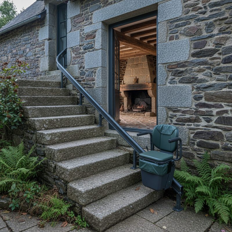 Monte-escalier extérieur installé sur escalier en pierre en Bretagne
