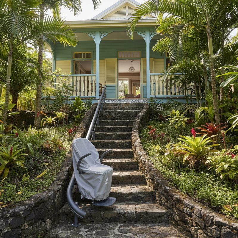 Monte-escalier extérieur installé sur escalier en pierre en La Réunion