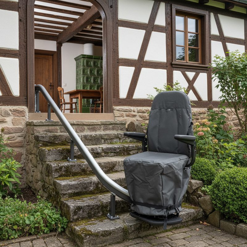 Monte-escalier extérieur installé sur escalier en pierre en Grand Est
