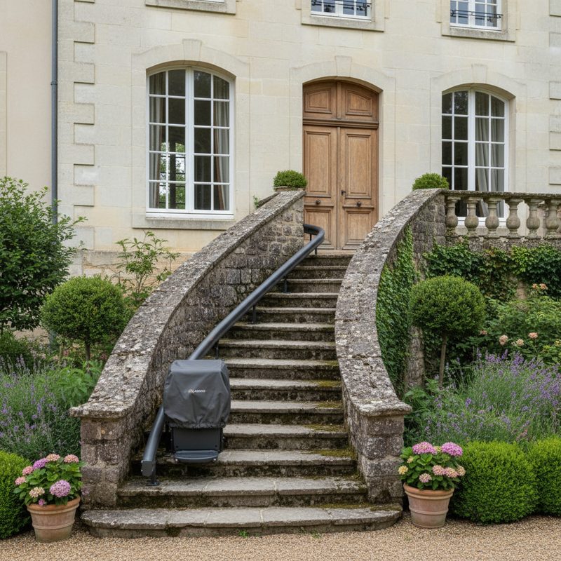 Monte-escalier extérieur installé sur escalier en pierre en Pays de la Loire