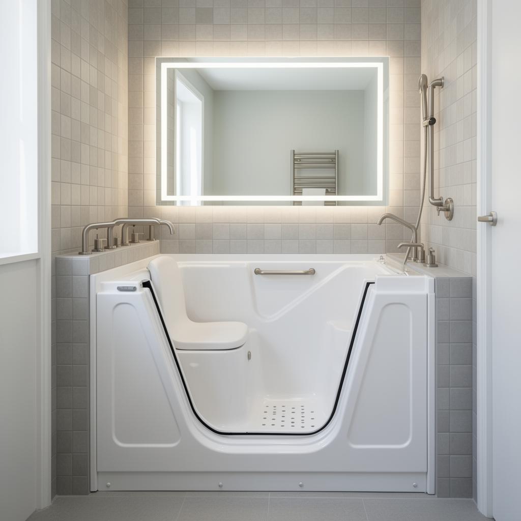 Baignoire à porte moderne avec siège et barres d'appui