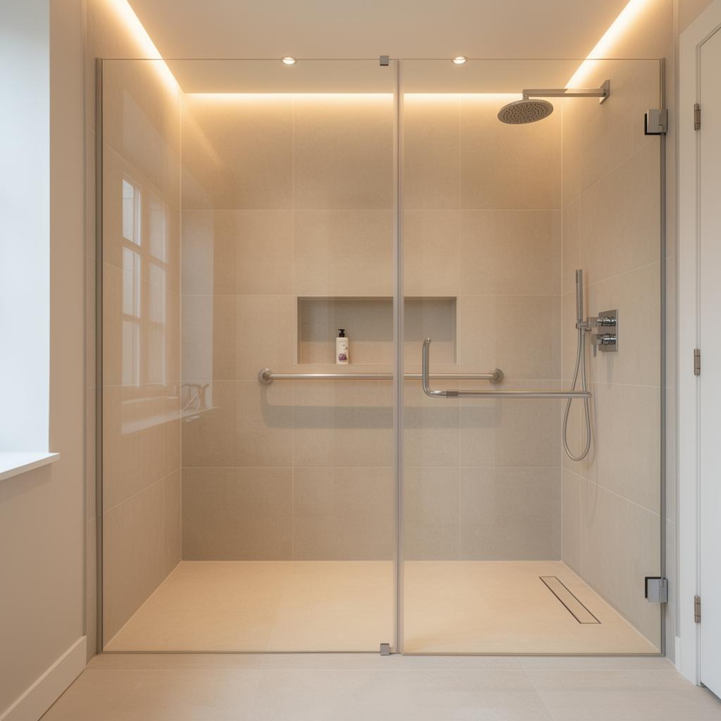 Douche moderne avec paroi en verre et barre d'appui