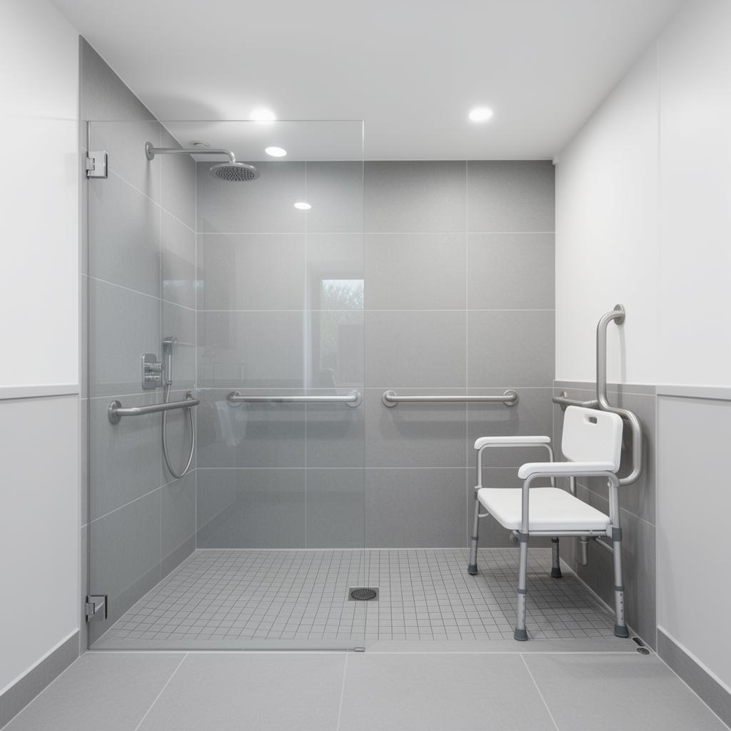 Douche senior sécurisée avec barres d'appui