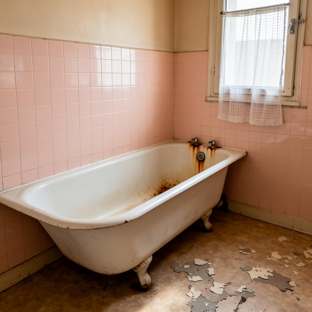 Ancienne baignoire usée avec carrelage rose