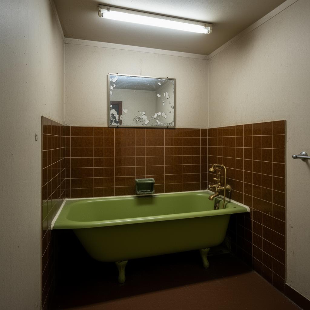 Ancienne salle de bain vétuste avec baignoire standard