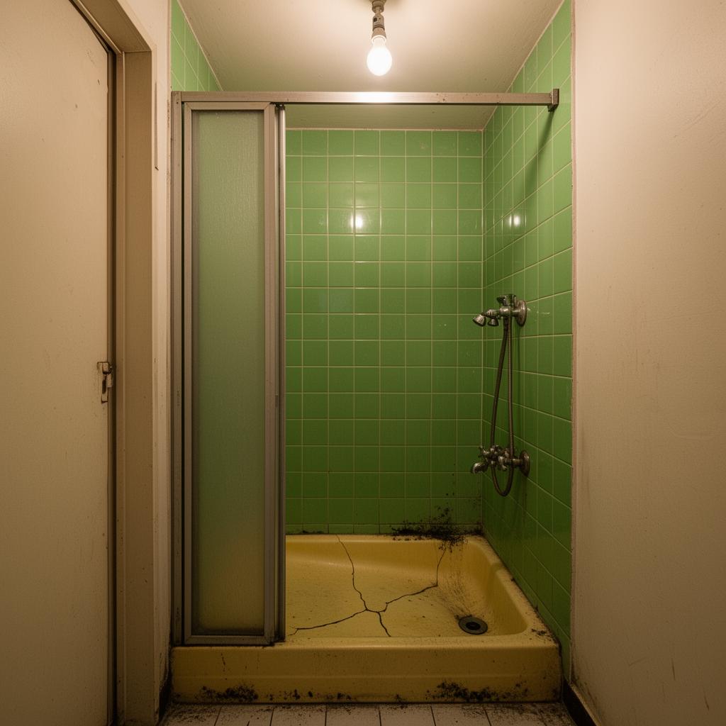 Douche vétuste avec carrelage vert