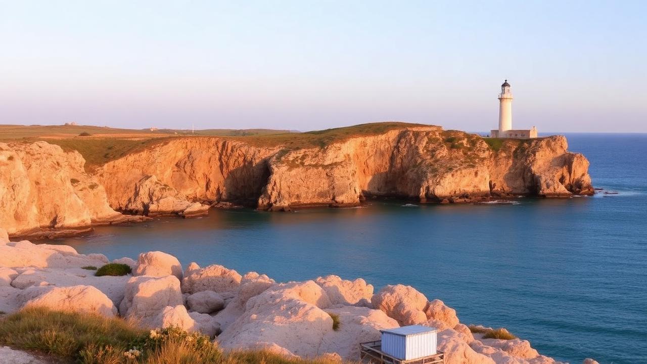 Côte bretonne avec falaises, phare et mer turquoise