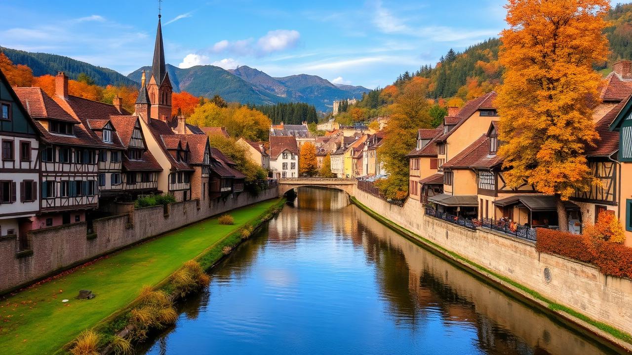 Village alsacien à colombages au bord d'un canal