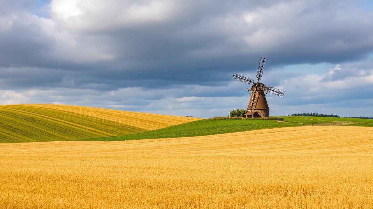 Champs de blé et moulin dans les plaines des Hauts-de-France