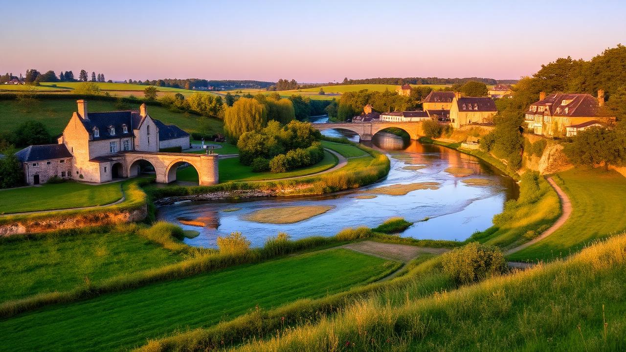 Campagne des Pays de la Loire avec rivière et village